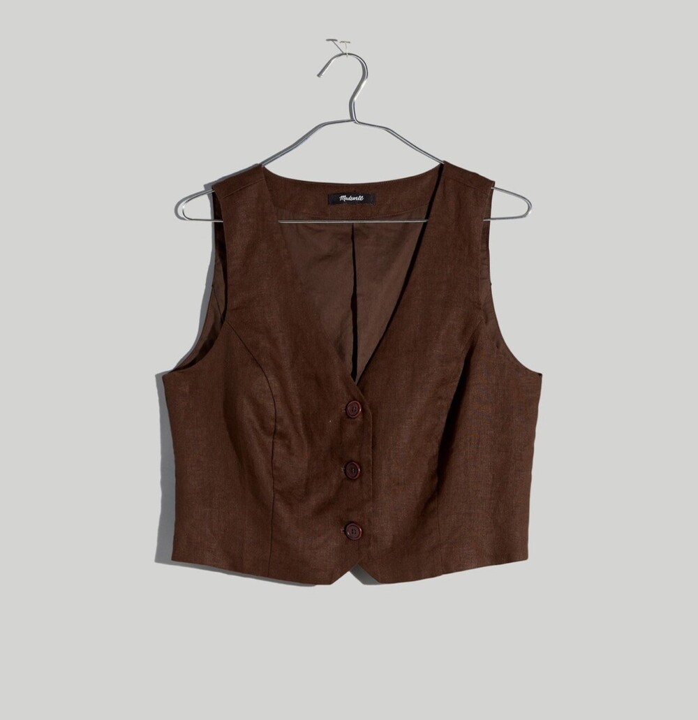 Madewell 100% Linen Katrina Crop Vest Top Brown Preppy Minimalist Size 8